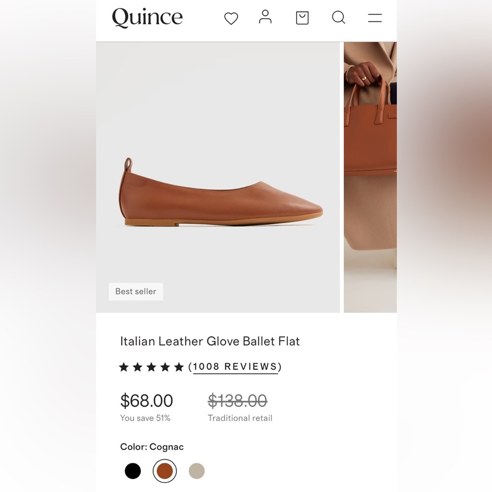 Quince Italian Leather Glove Ballet Flat Shoe, Cognac (Brown), 8 - Picture 10 of 13